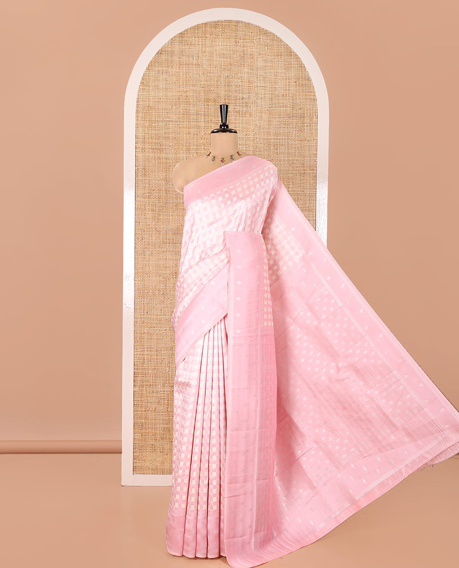 Pink Kanchi Silk Saree, Embellished with Checked Design on Its Body, Highlighted by a Self-Border of Diamond Patterns, Pallu Steeped with Buttas, and Paired with a Matching Blouse