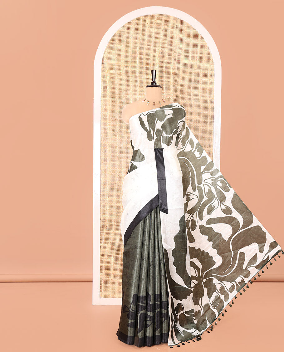 Cream and Green Art Khadi Cotton Saree, Adorned With Half-and-Half-style Floral Print On Its Body, Highlighted by Contrast Piping Border, Self-Pallu and Paired with a Contrast Blouse