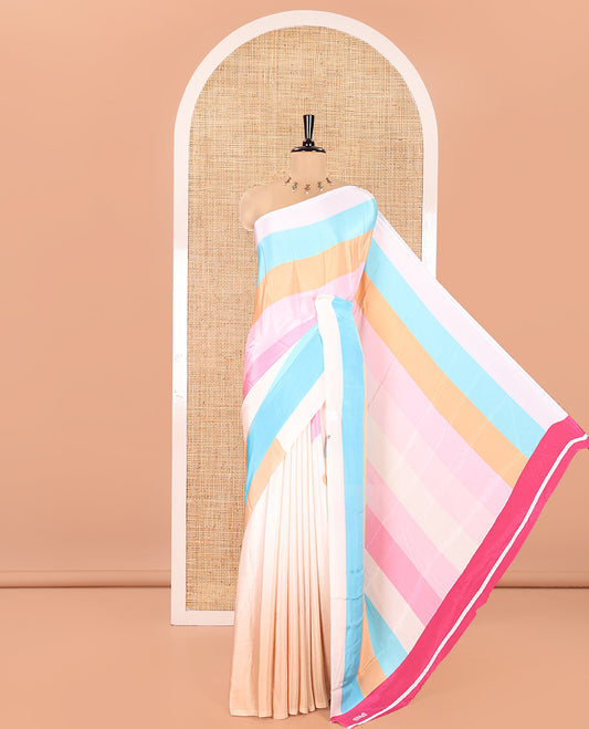 Borderless Multi-color Satin Crepe Saree, Prettified with Colorful Stripes All Over Its Body, Self-Printed, and Paired with a Contrast Blouse