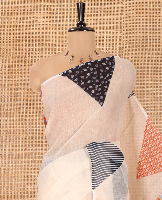 Cream Plain Linen Cotton Saree, Complemented by a Contrast-Colored Triangle on Its Border, Kaleidoscopic-Color Patchwork Pallu, and Paired with a Contrast Blouse