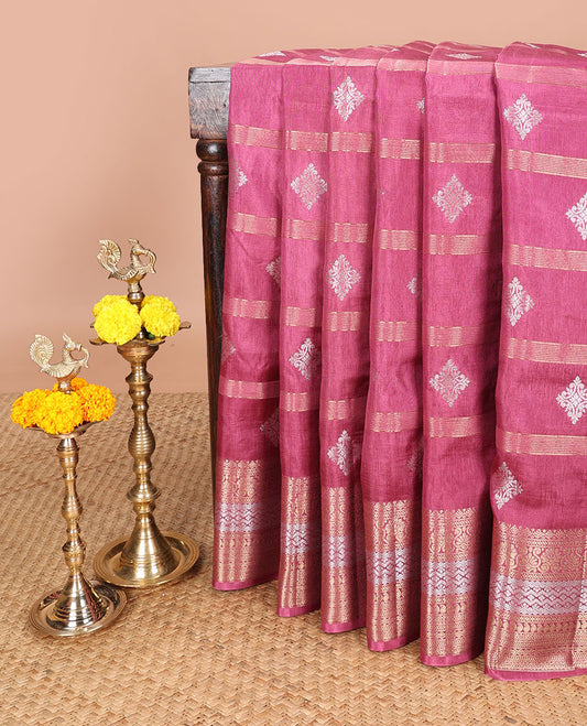 Onion pink owven butta , stripes dola silk saree with zari border & chit pallu along with contrast blouse
