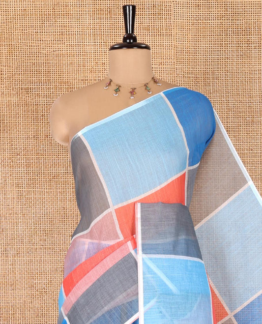 Borderless Multi-color Linen Cotton Saree, Accentuated with Big Colorful Solid Checks On Its Body, Self-Pallu of Tassels, and Paired with a Contrast Plain Blouse