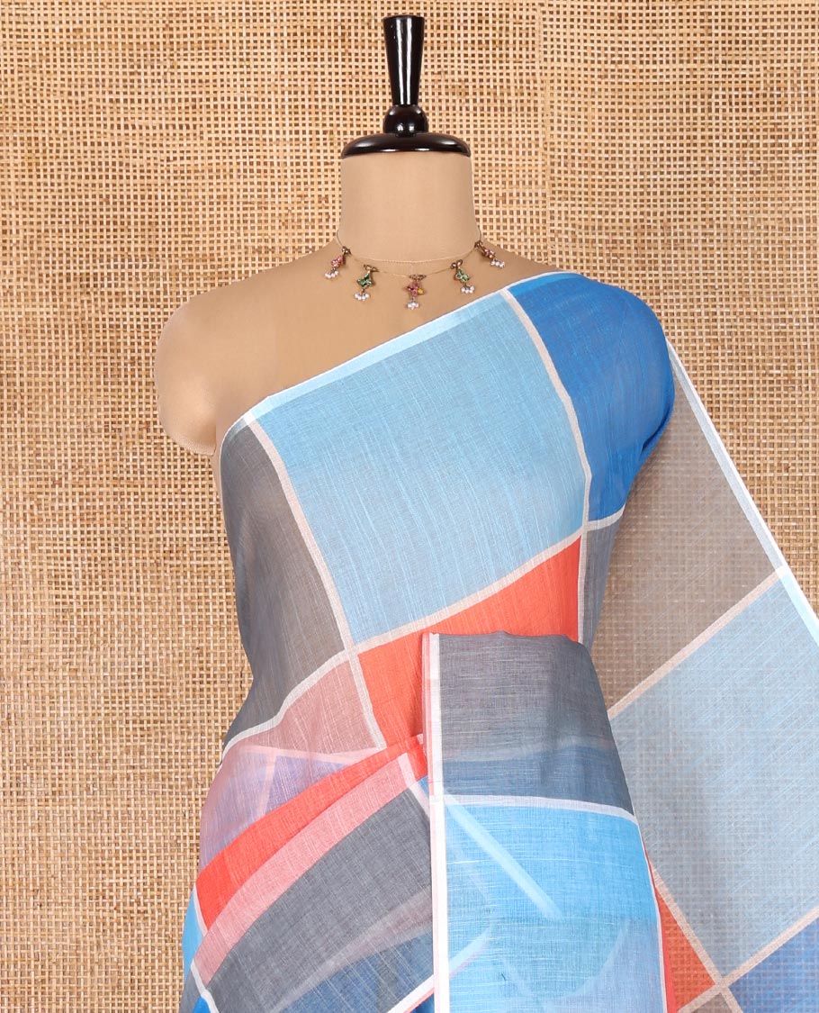 Borderless Multi-color Linen Cotton Saree, Accentuated with Big Colorful Solid Checks On Its Body, Self-Pallu of Tassels, and Paired with a Contrast Plain Blouse