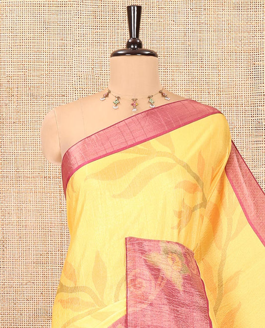 Yellow Manipuri Silk Saree, Subtly Sparkled with Pochampally-Style Floral Design on Its Body, Complemented by a Contrast Border of Floral Design, Pallu of Floral Motifs, and Paired with a Contrast Blouse