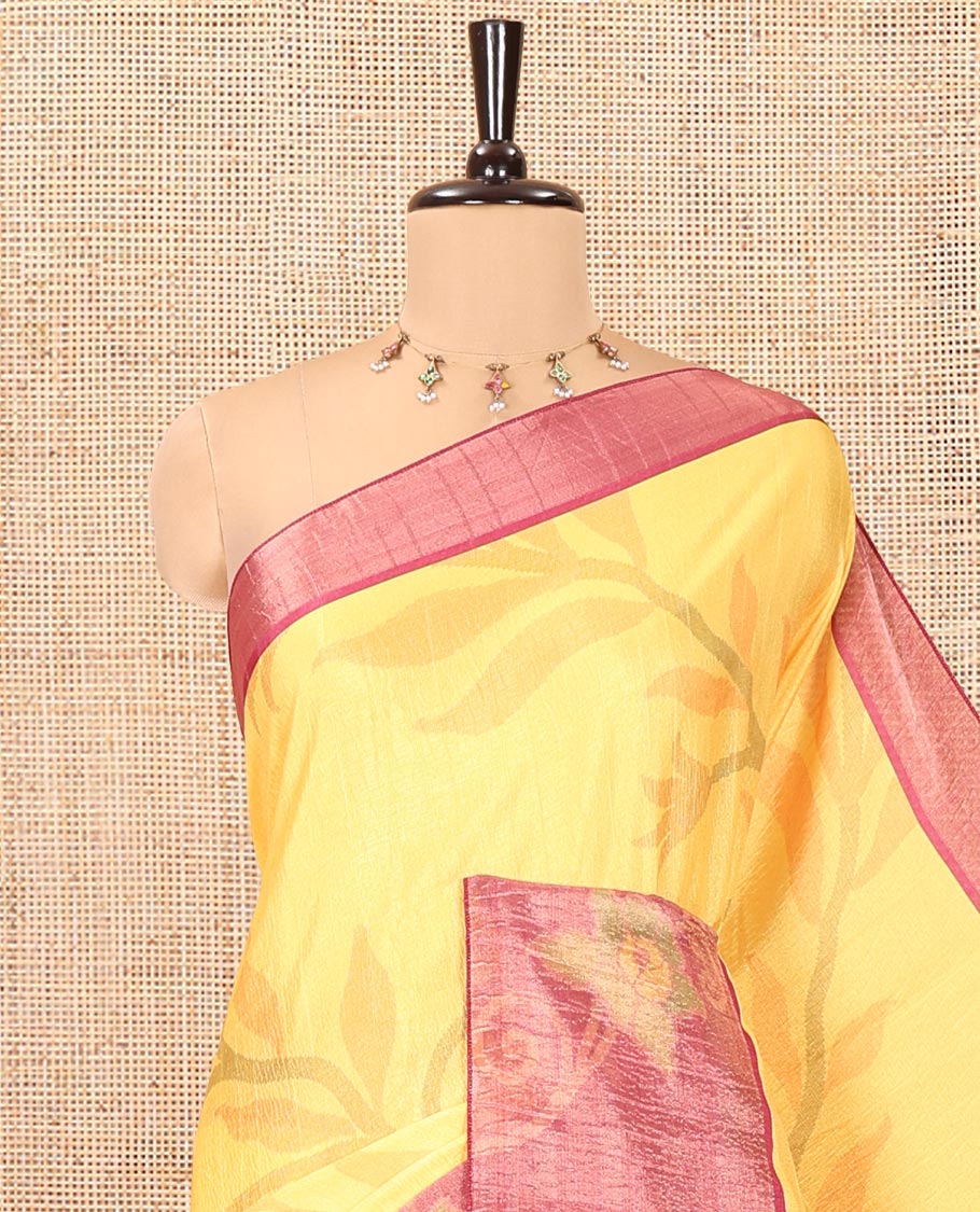 Yellow Manipuri Silk Saree, Subtly Sparkled with Pochampally-Style Floral Design on Its Body, Complemented by a Contrast Border of Floral Design, Pallu of Floral Motifs, and Paired with a Contrast Blouse
