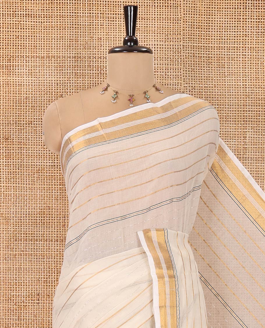 Cream Khadi Mul Cotton Saree, Woven with Horizontal Stripes On Its Body, Subtle Zari Border, Stripes Pallu, and Paired with a Matching Blouse
