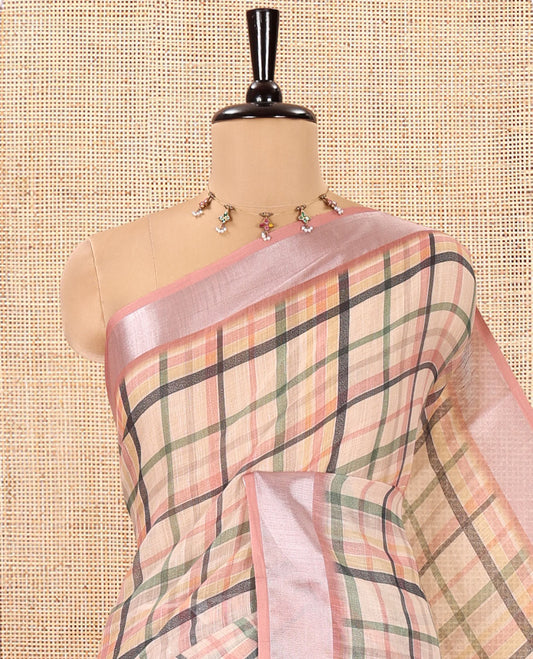 Yellow Linen Cotton Saree, Accentuated with Checked Design on Its Body, Complemented by a Contrast Zari Border, Multi-Color Checked Pallu, and Paired with a Contrast Blouse