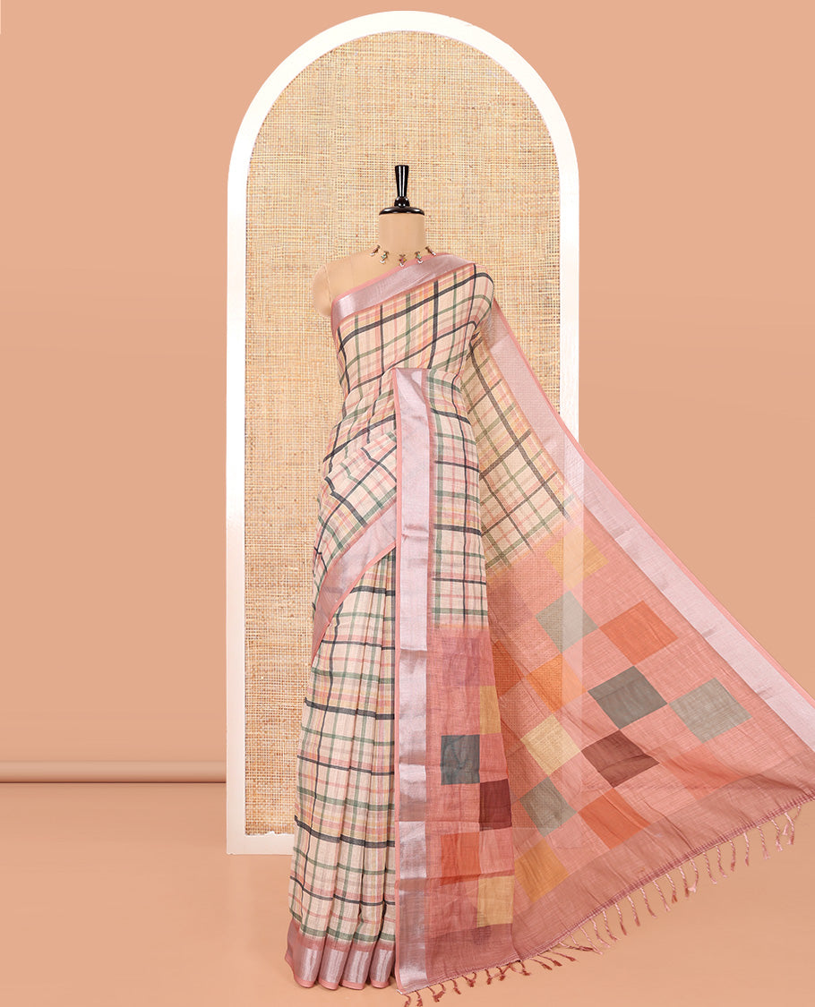 Yellow Linen Cotton Saree, Accentuated with Checked Design on Its Body, Complemented by a Contrast Zari Border, Multi-Color Checked Pallu, and Paired with a Contrast Blouse