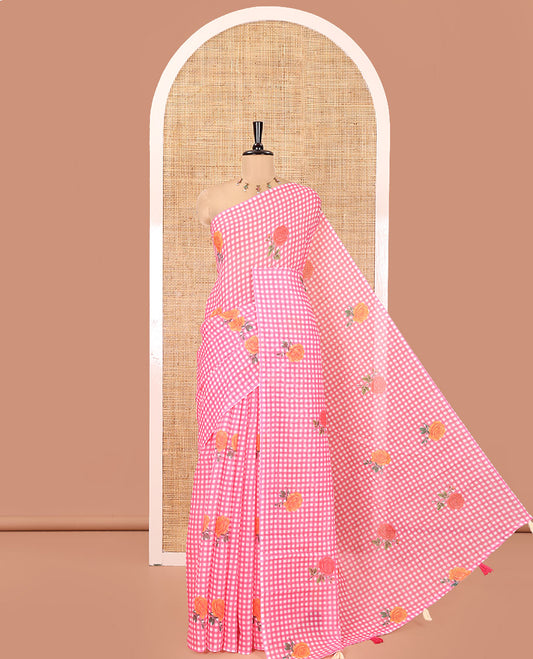 Borderless Pink Linen Cotton Saree, Adorned with Checked Design and Rose Motifs on Its Body, a Self-Pallu, and Paired with a Contrast Blouse