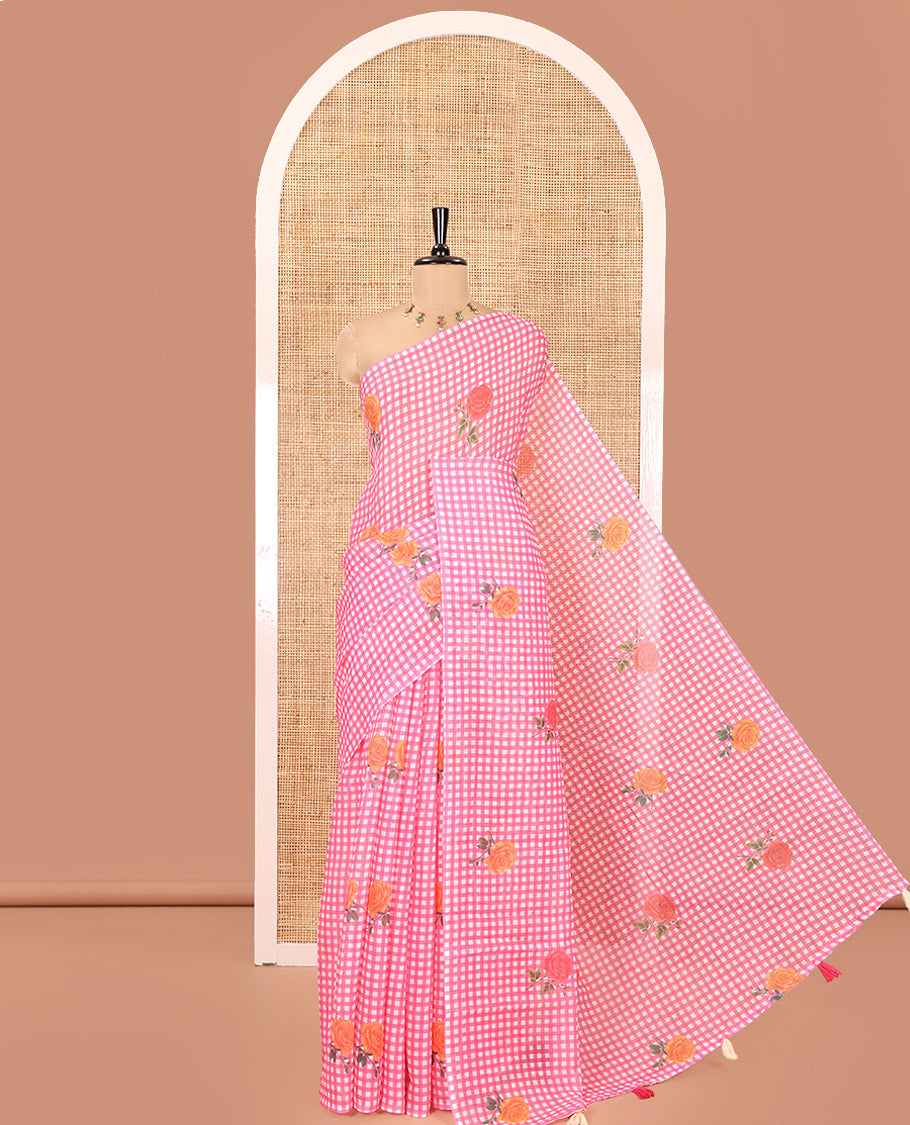 Borderless Pink Linen Cotton Saree, Adorned with Checked Design and Rose Motifs on Its Body, a Self-Pallu, and Paired with a Contrast Blouse