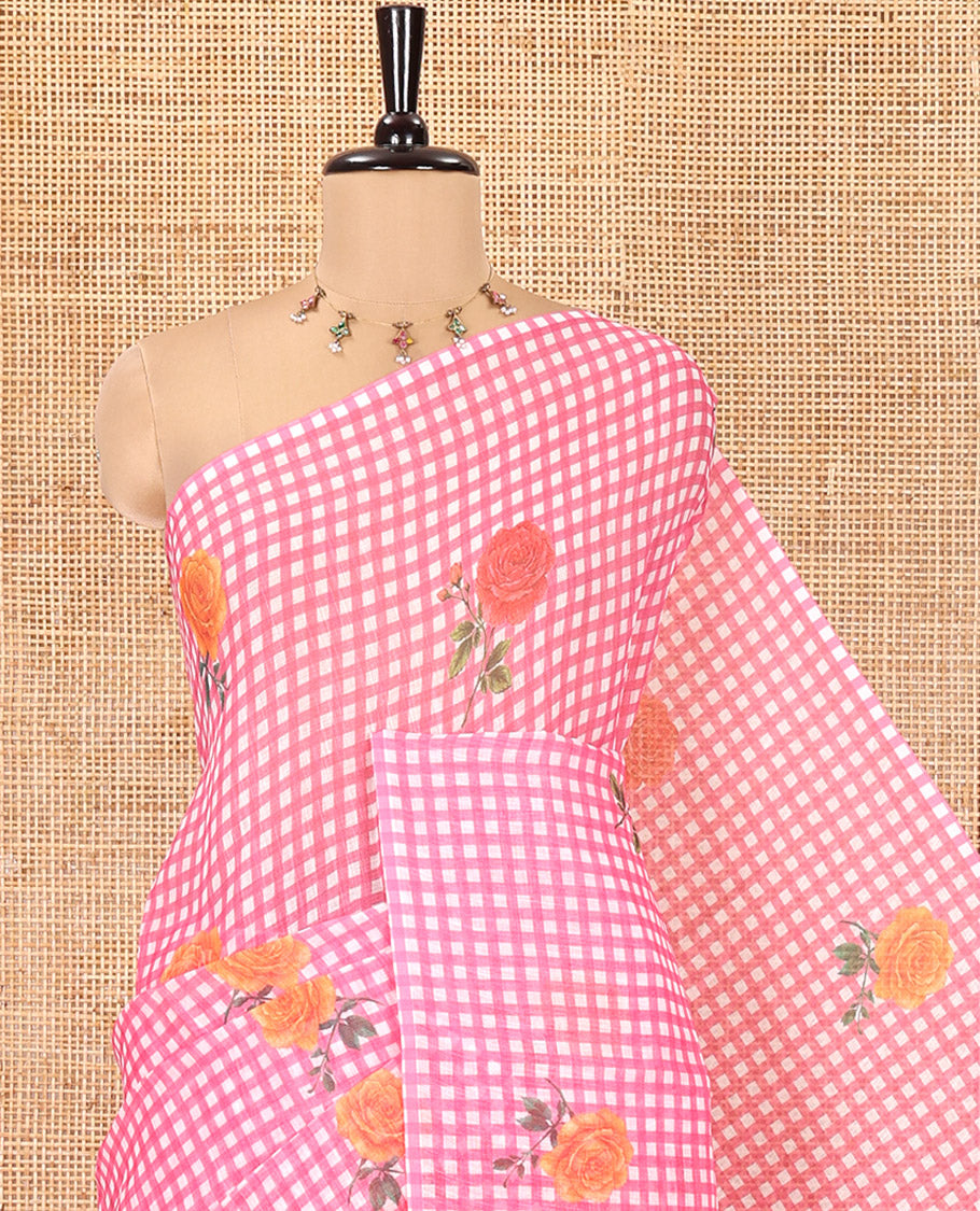 Borderless Pink Linen Cotton Saree, Adorned with Checked Design and Rose Motifs on Its Body, a Self-Pallu, and Paired with a Contrast Blouse