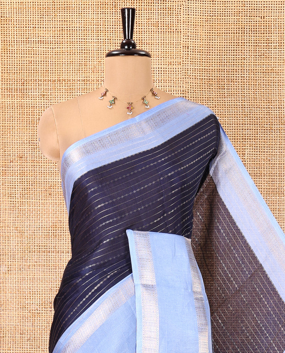 Navy Blue Dola Silk Saree, Embellished with Zari Stripes, Contrast Traditional Zari Border, Striped Pallu, and a Contrast Blouse