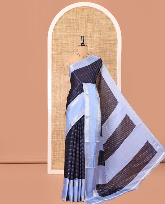 Navy Blue Dola Silk Saree, Embellished with Zari Stripes, Contrast Traditional Zari Border, Striped Pallu, and a Contrast Blouse