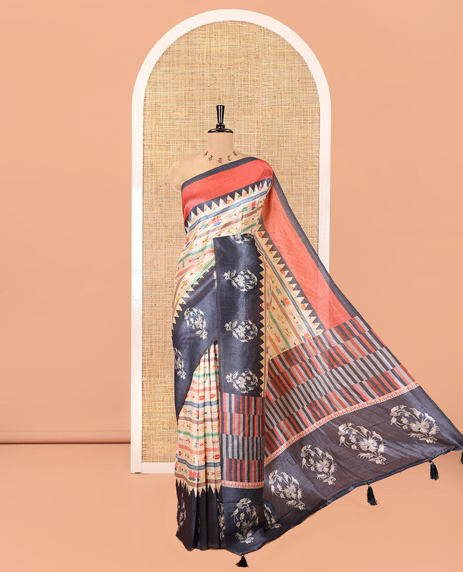 Chikku Semi-Tussar Saree Features Fish, Bird, and Human Motifs, Contrast Ganga-Jamuna Temple Floral Border, Geometric-Floral Print Pallu, and a Contrast Blouse