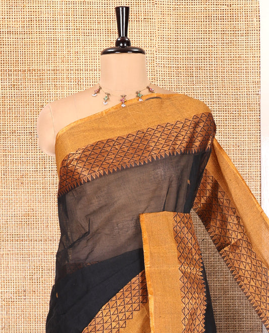 Black Bengal Cotton Saree, Subtly Woven with Thread Buttas All Over Its Body, Complemented by a Contrast Border of Temple and Jaal Designs, Pallu of Stripes and Buttas, and Comes Without a Blouse