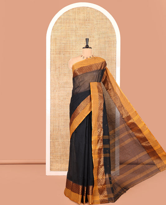 Black Bengal Cotton Saree, Subtly Woven with Thread Buttas All Over Its Body, Complemented by a Contrast Border of Temple and Jaal Designs, Pallu of Stripes and Buttas, and Comes Without a Blouse
