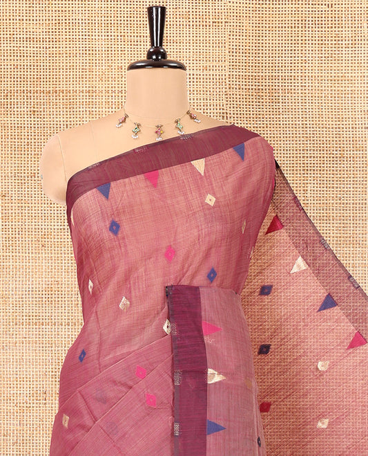 Purple Jute Cotton Saree, Adorned with Diamond Meena Buttas, a Contrast Border, Jamdhani Floral Pallu, and a Contrast Blouse
