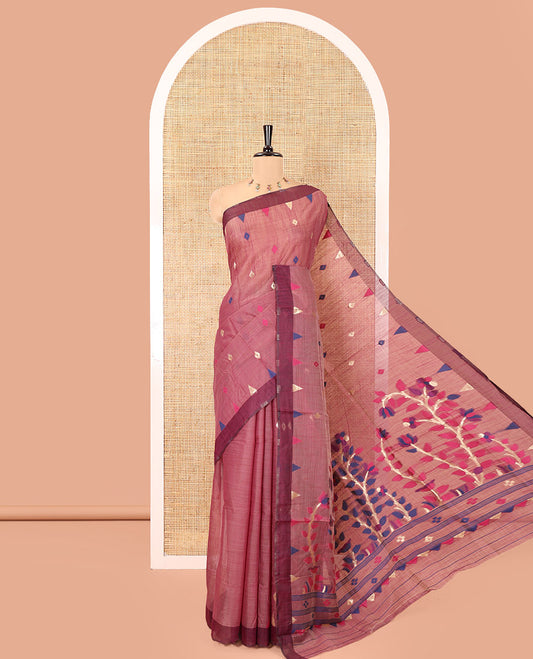 Purple Jute Cotton Saree, Adorned with Diamond Meena Buttas, a Contrast Border, Jamdhani Floral Pallu, and a Contrast Blouse