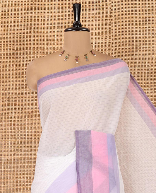 White and Lavender Chettinad Cotton Saree, Subtly Sparkled with Stripes All Over Its Body, Complemented by a Contrast Tri-Colored Striped Border, Pallu of Stripes, and Has No Blouse