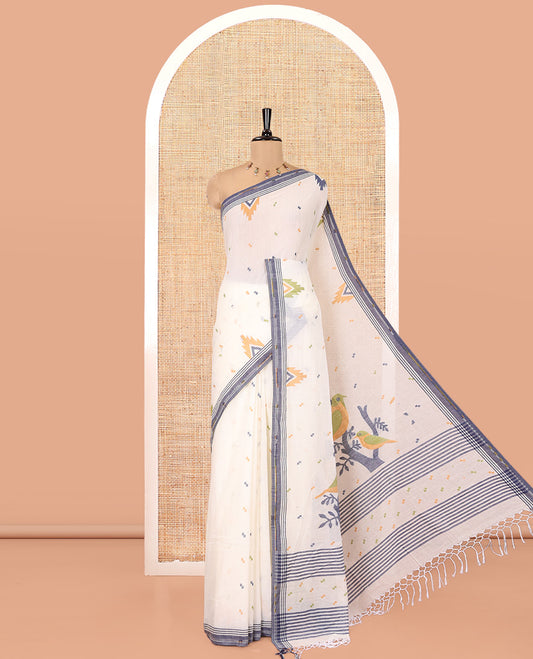 Cream Khadi Mul Cotton Saree, Enthralled with Meena Buttas All Over Its Body, Complemented by a Contrast Temple Border, Pallu of Jhamdani-Style Floral-Bird Weaving, and Paired with a Matching Blouse