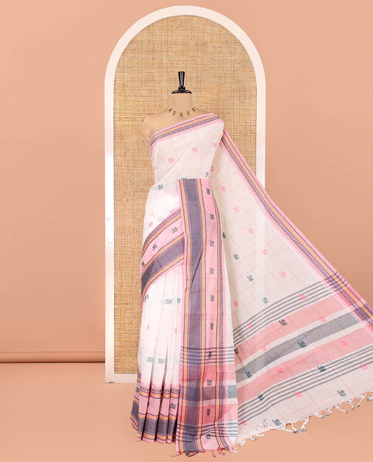 White Chettinad Cotton Saree, Finely Crafted with Resham Peacock Buttas Woven on Its Body, Complemented by Contrast Traditional Designs Thread Woven Border, Pallu of Stripes and Peacock Designs, and Paired with a Contrast Blouse