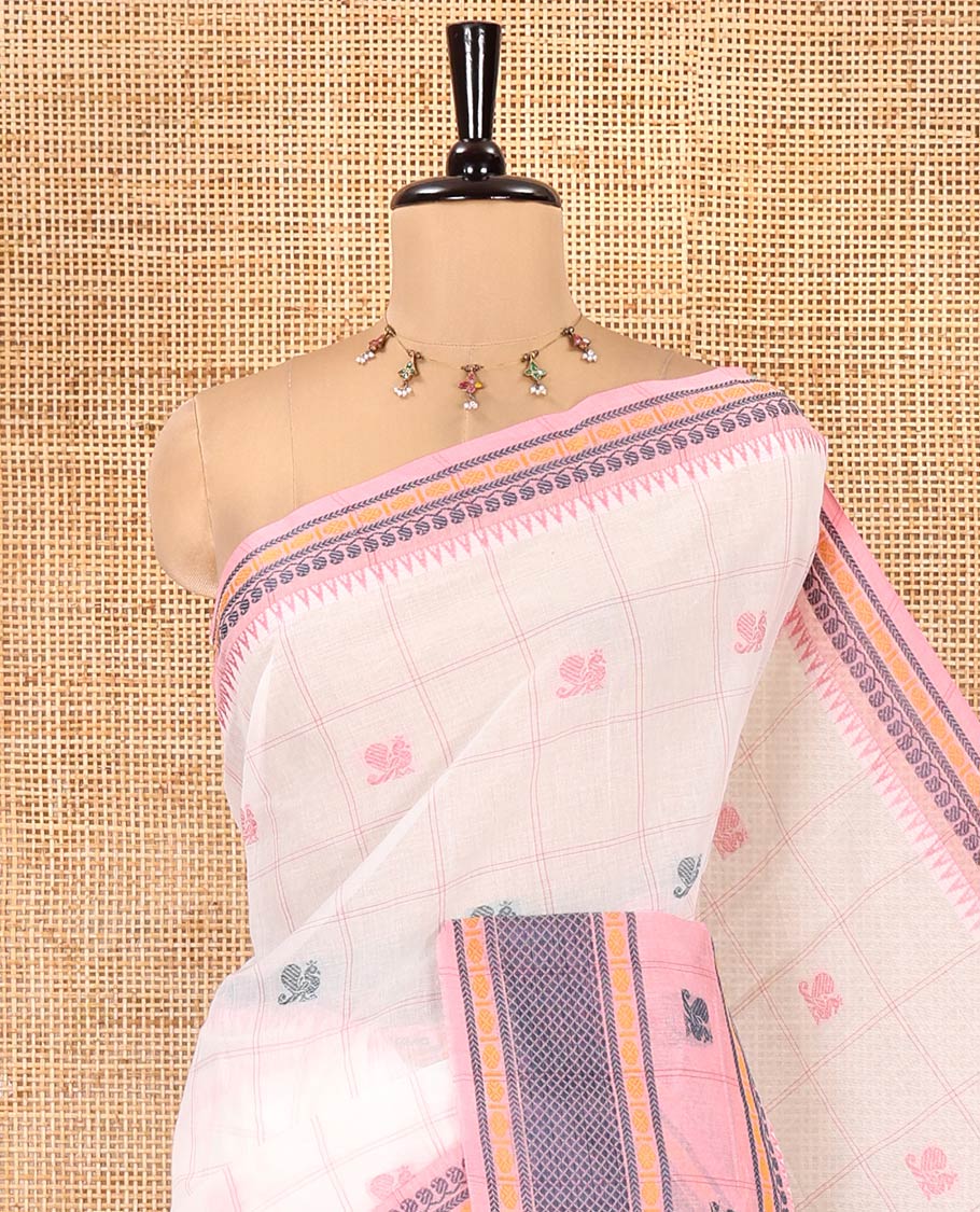 White Chettinad Cotton Saree, Finely Crafted with Resham Peacock Buttas Woven on Its Body, Complemented by Contrast Traditional Designs Thread Woven Border, Pallu of Stripes and Peacock Designs, and Paired with a Contrast Blouse