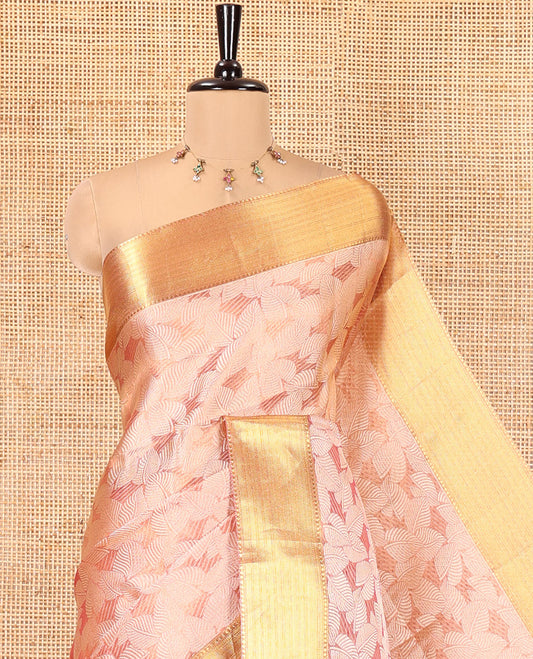 Peach Tissue Saree, Gleamed Up with Leaf Jacquard Design, Zari Traditional Border, a Self-Pallu, and a Matching Blouse