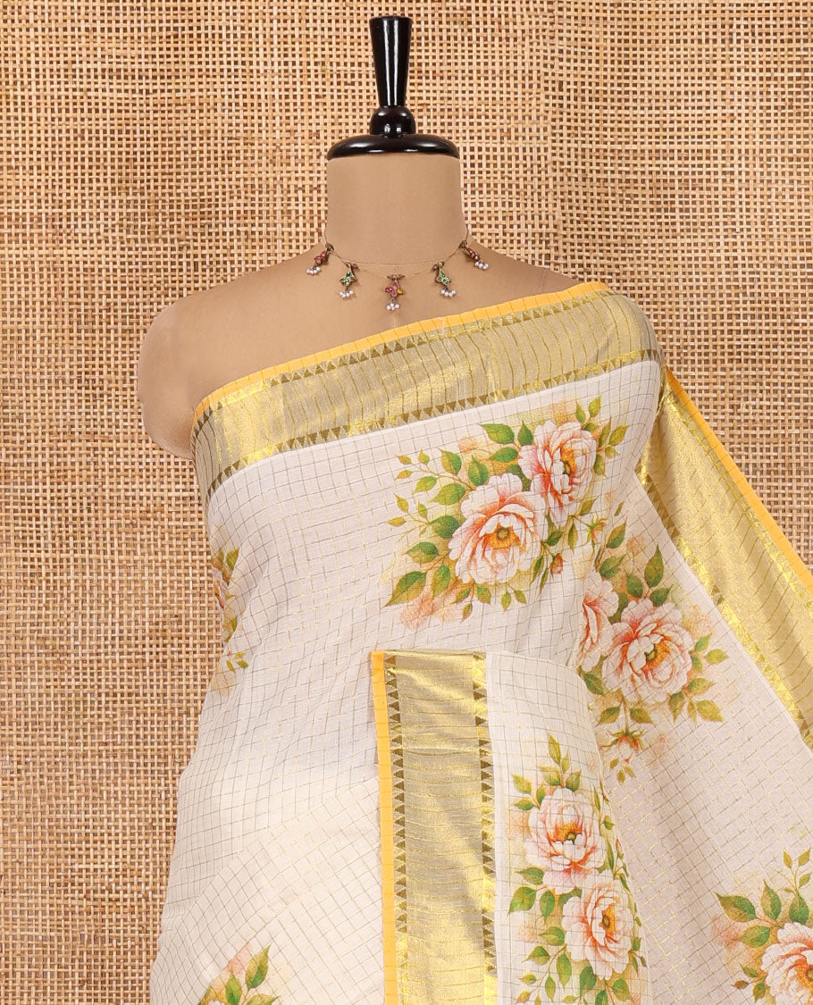 Cream Kerala Cotton Saree, Entralled with Zari Checks and Floral Print, Complemented by Contrast Zari Border, Floral Printed Pallu and a Matching Blouse