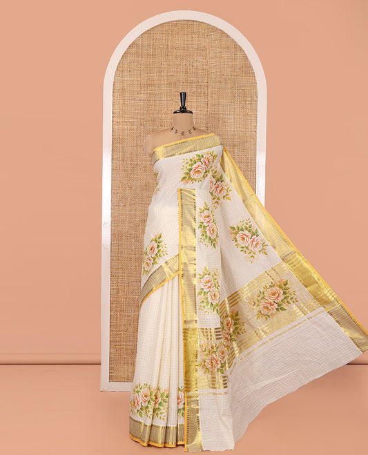 Cream Kerala Cotton Saree, Entralled with Zari Checks and Floral Print, Complemented by Contrast Zari Border, Floral Printed Pallu and a Matching Blouse