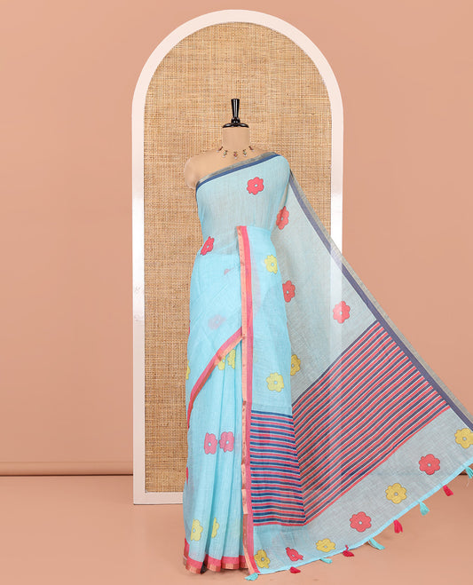 Sea Blue Linen Cotton Saree, Beautified with Flower Buttas, a Contrast Border, Multi-Color Striped Pallu, and a Contrast Blouse
