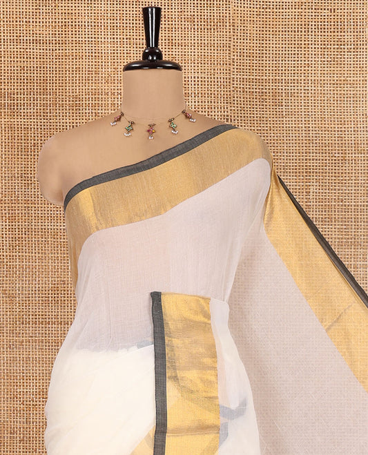 Cream-Black Plain Khadi Mul Cotton Saree, a Contrast Bavanji Zari Border, a Self-Pallu, and No Blouse