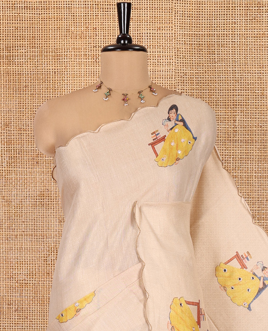 Gold Tissue Saree, Artfully Designed with Girl Motif Painting and Mirror work, a Scallop Border,  and a Printed Blouse
