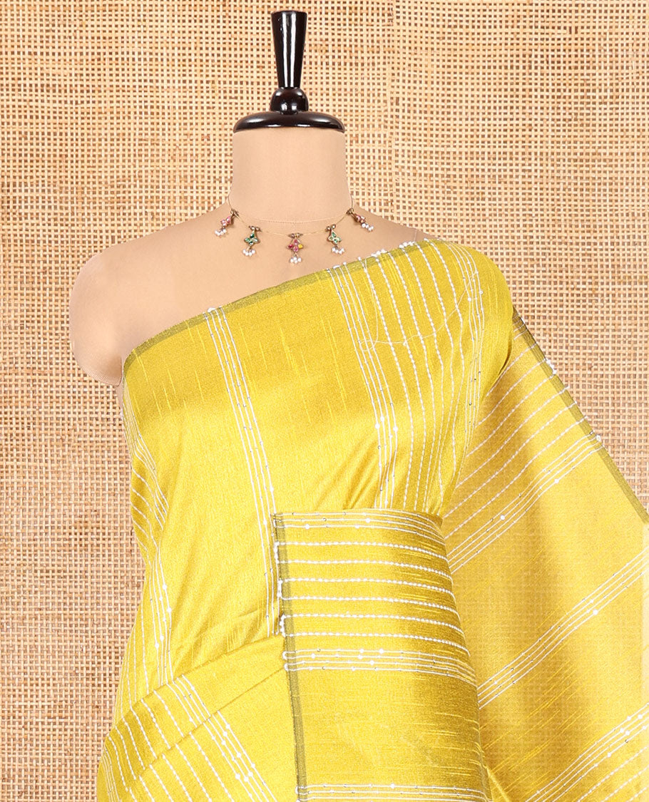 Borderless Yellow-Black Semi-Raw Silk Saree, Decorated with Sequined Stripes, a Contrast Zari Striped Pallu, and Contrast Blouse