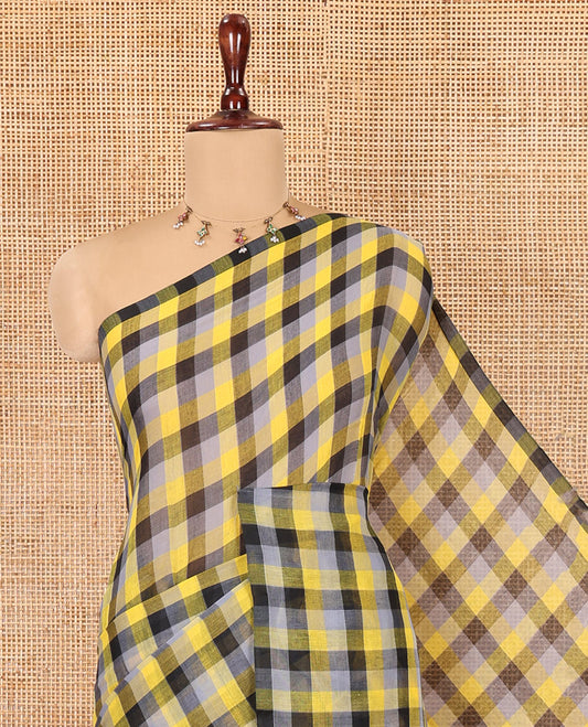 Borderless Yellow-Black Khadi Mul Cotton Saree, Adorned with Madras Checks, Comes without Blouse