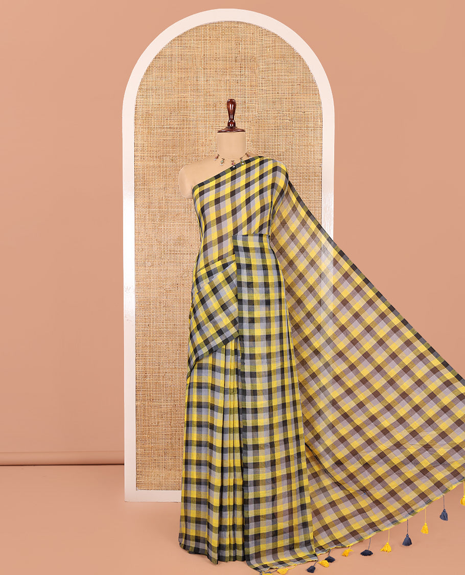 Borderless Yellow-Black Khadi Mul Cotton Saree, Adorned with Madras Checks, Comes without Blouse