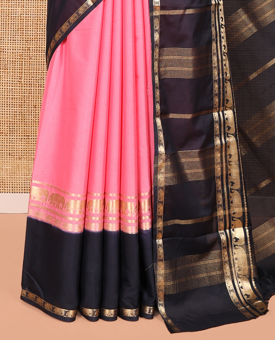 Pink Plain Art Mysore Silk Saree, a Contrast Traditional Zari Border, Zari Striped Pallu, and a Contrast Blouse