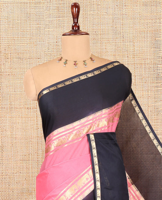 Pink Plain Art Mysore Silk Saree, a Contrast Traditional Zari Border, Zari Striped Pallu, and a Contrast Blouse
