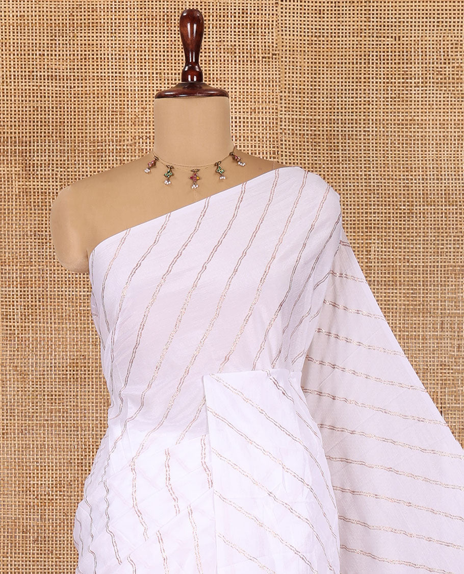 Borderless White-Onion Pink Rangoli Chiffon Saree, Gleamed Up with Foil-Printed Leheriya Stripes, a Contrast Sequins Blouse
