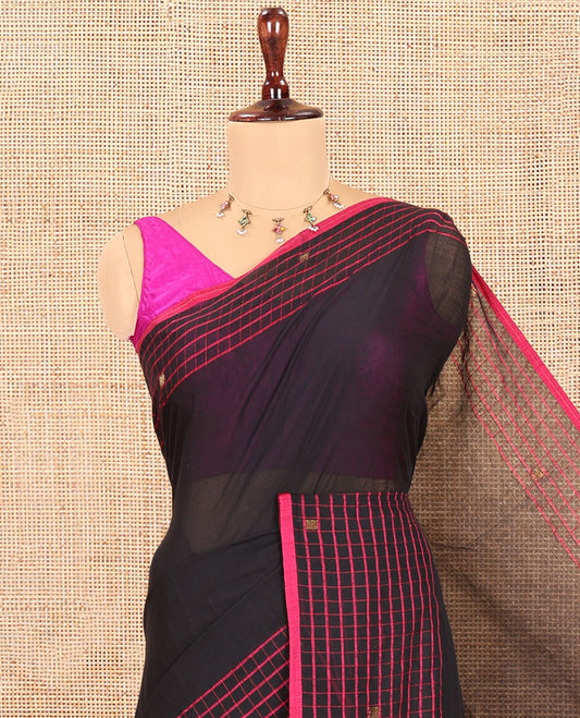 Black Plain Khadi Mul Cotton Saree, Contrast Dobby-Style Buttas and Striped Border, and Gleaming Striped Pallu