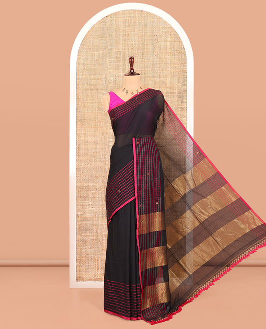 Black Plain Khadi Mul Cotton Saree, Contrast Dobby-Style Buttas and Striped Border, and Gleaming Striped Pallu