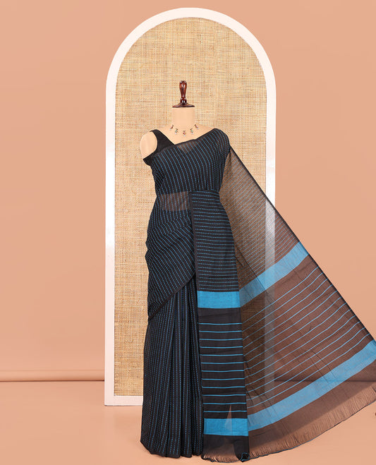 Borderless Black Chettinad Cotton Saree, Delicately Woven with Thread Stripes, a Self-Pallu, and No Blouse