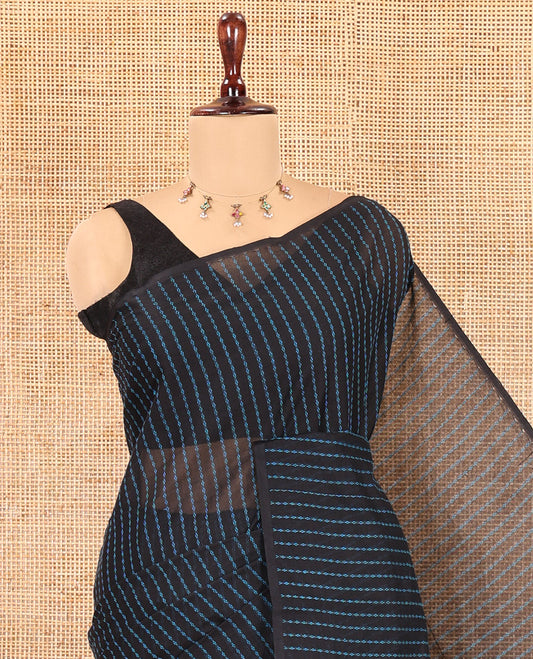 Borderless Black Chettinad Cotton Saree, Delicately Woven with Thread Stripes, a Self-Pallu, and No Blouse