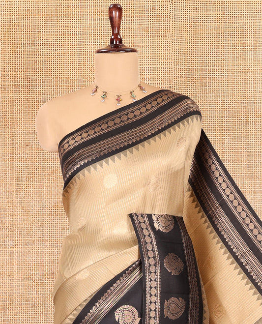 Chikku Kanchi Silk Saree, Embellished with Zari Buttas and Stripes, Contrast Traditional Zari Border, Jaal Pallu, a Contrast Blouse