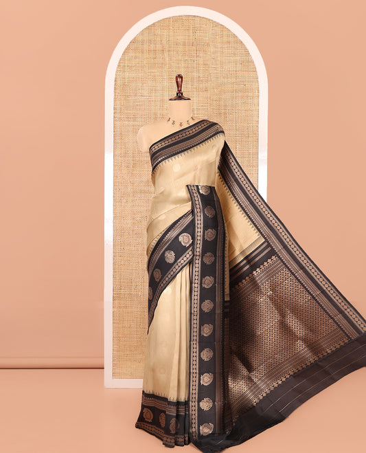 Chikku Kanchi Silk Saree, Embellished with Zari Buttas and Stripes, Contrast Traditional Zari Border, Jaal Pallu, a Contrast Blouse