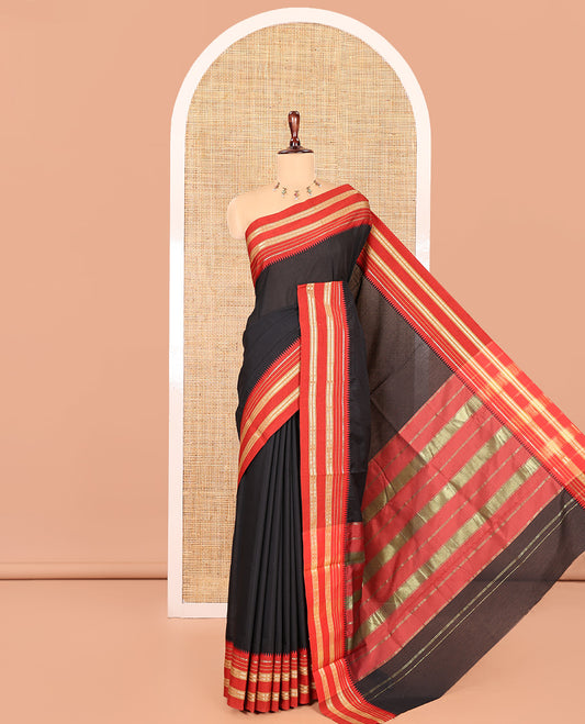 Black-Red Plain Mercerised Cotton Saree, Contrast Traditional Thread Temple Border, Striped Pallu, and a Matching Blouse