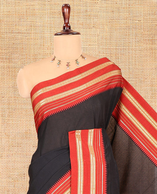 Black-Red Plain Mercerised Cotton Saree, Contrast Traditional Thread Temple Border, Striped Pallu, and a Matching Blouse
