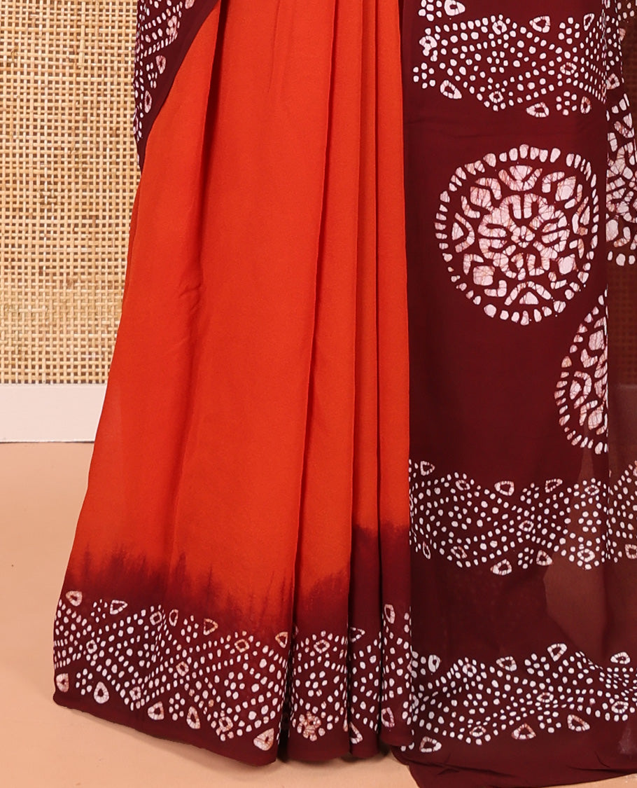 Black-Rust Orange Plain 60 Gm Georgette Saree, Contrast Batik Diamond Printed Border, Batik Printed Pallu, and a Matching Blouse