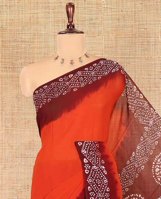 Black-Rust Orange Plain 60 Gm Georgette Saree, Contrast Batik Diamond Printed Border, Batik Printed Pallu, and a Matching Blouse