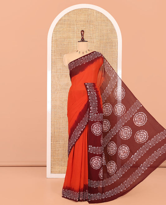Black-Rust Orange Plain 60 Gm Georgette Saree, Contrast Batik Diamond Printed Border, Batik Printed Pallu, and a Matching Blouse