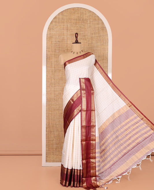 Cream-Maroon Checked Art Soft Silk Saree, Complemented by Contrast Traditional Retai Pettu Border, Striped Pallu, and a Contrast Blouse